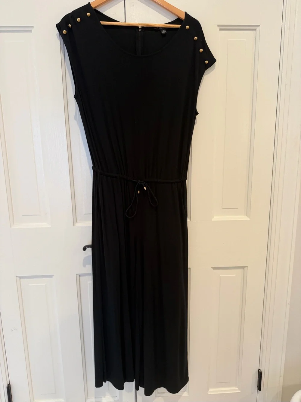 Black Stud-Shoulder Drawstring Waist Women's Jumpsuit